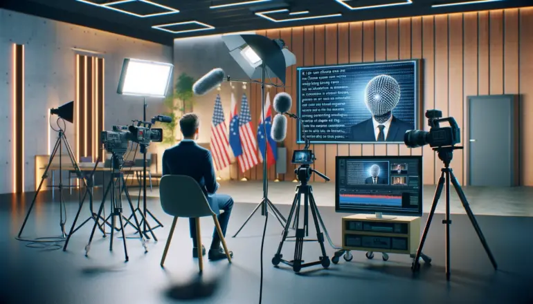 A politician recording a video in a studio with AI tools assisting in script writing and editing. The scene includes a camera setup, lighting equipment, and a computer screen displaying AI software generating the script. The modern studio environment showcases the integration of AI in enhancing political video production.