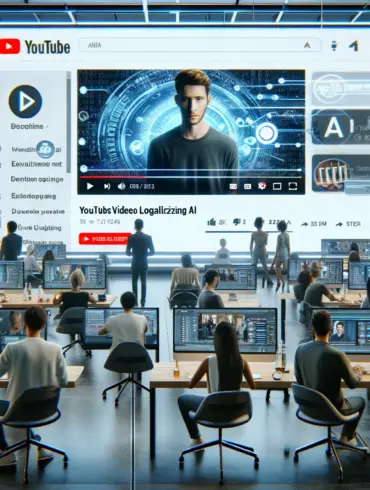 large digital screen displaying a YouTube video being localized using AI. A diverse group of professionals is engaged in the process, with various AI tools and software interfaces visible on smaller screens. The main screen shows the video being edited with subtitles in multiple languages, and AI voice dubbing being applied.