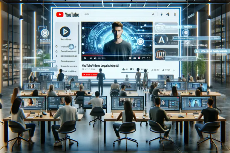 large digital screen displaying a YouTube video being localized using AI. A diverse group of professionals is engaged in the process, with various AI tools and software interfaces visible on smaller screens. The main screen shows the video being edited with subtitles in multiple languages, and AI voice dubbing being applied.