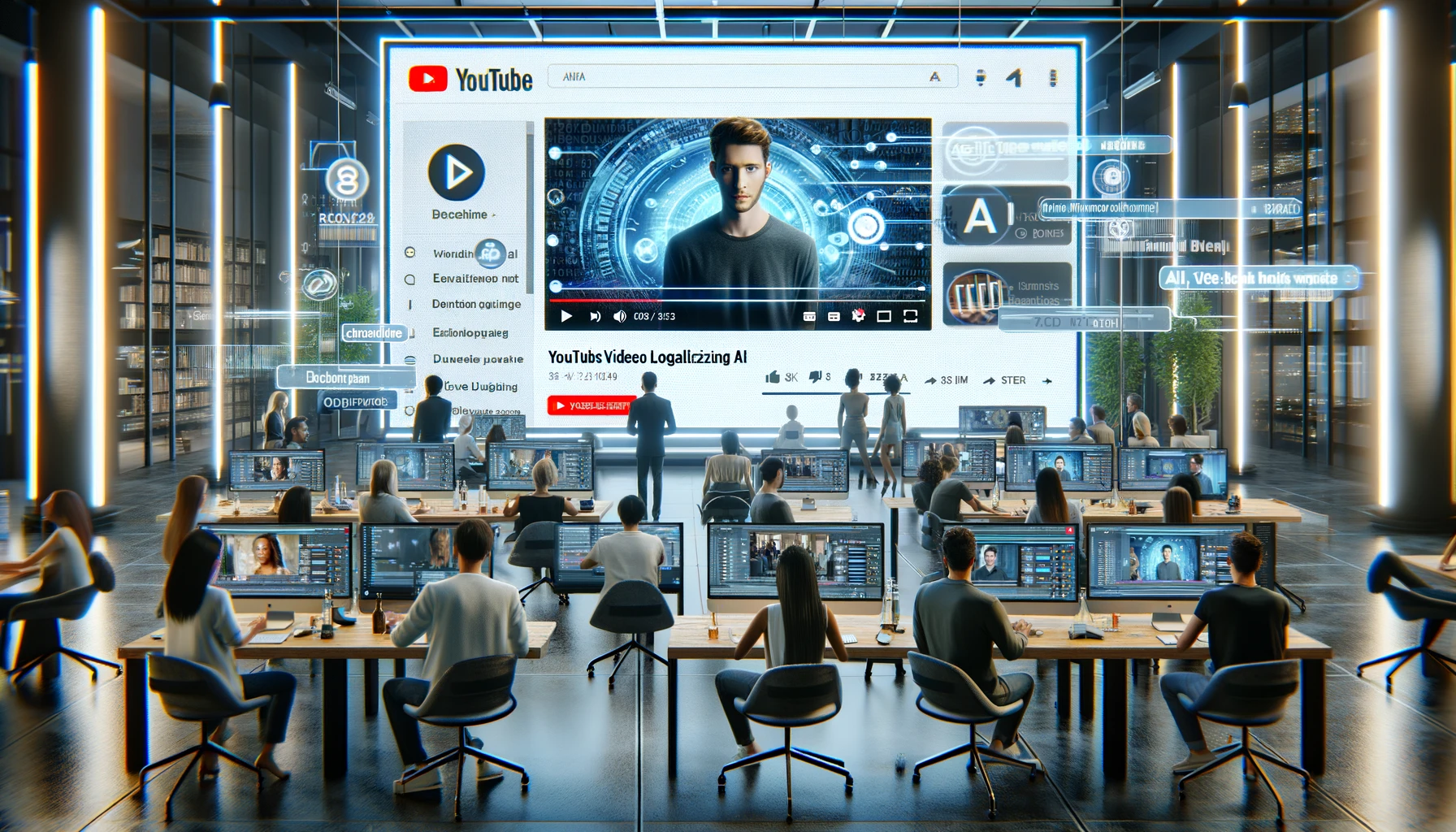 large digital screen displaying a YouTube video being localized using AI. A diverse group of professionals is engaged in the process, with various AI tools and software interfaces visible on smaller screens. The main screen shows the video being edited with subtitles in multiple languages, and AI voice dubbing being applied.