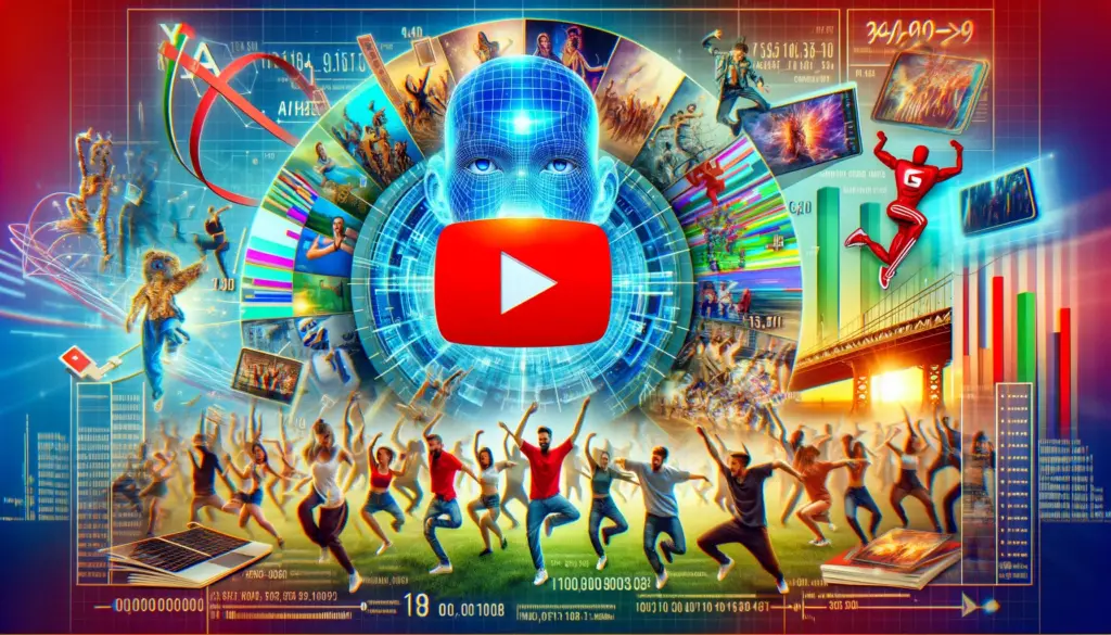 Dynamic collage of YouTube content including dance challenges, viral memes, music videos, and gaming streams, with the YouTube logo and AI data analysis elements