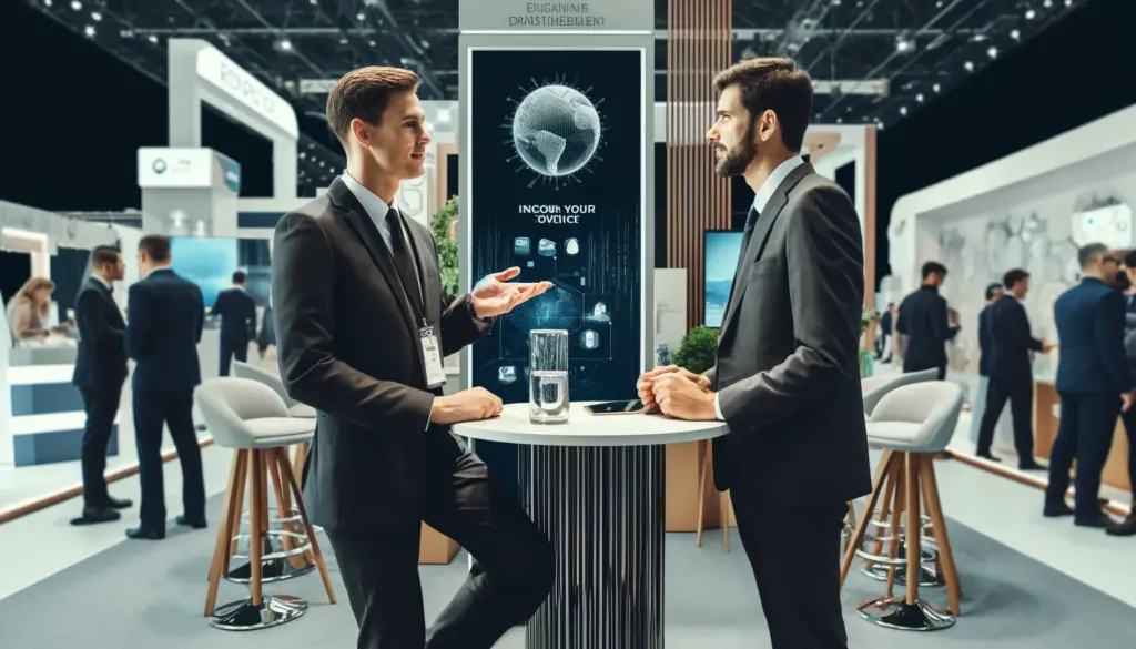  Professional brand ambassador in business attire engaging with a client at a corporate conference booth with a sleek design and digital product display.