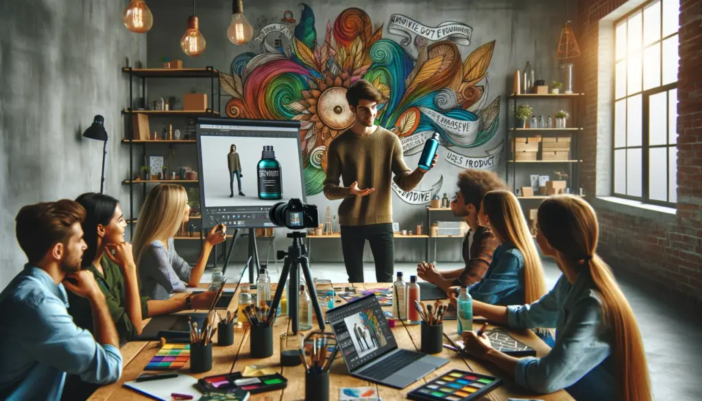 brand ambassador leading a creative product workshop in a modern studio filled with artistic tools and digital devices, engaging a diverse group of attendees.