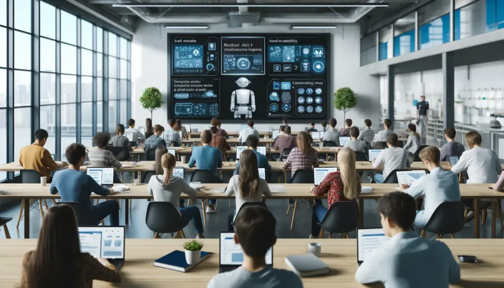 Modern digital classroom with diverse students learning about AI models GPT-3, GPT-4, and GPT-4o displayed on a large screen.