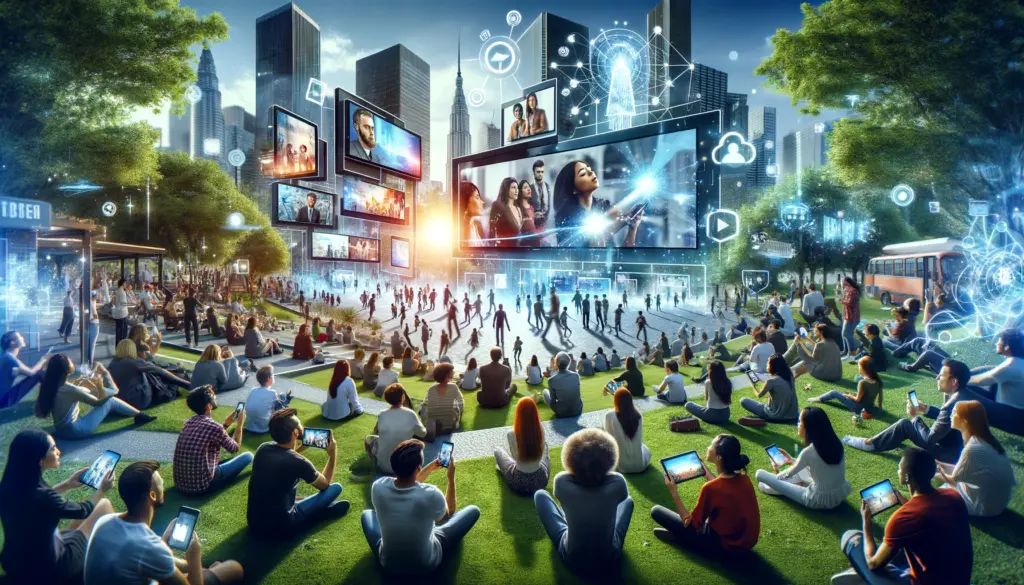 People of diverse ages and ethnicities engaged with video content on various devices in an urban park setting.