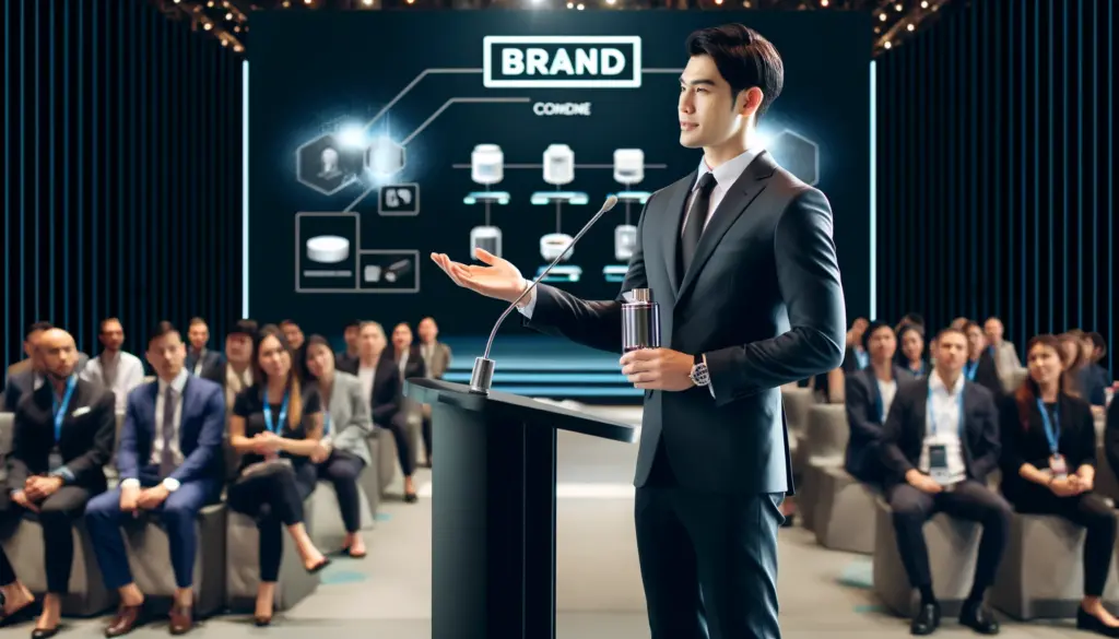 Professional brand ambassador of Asian descent presenting at a corporate event, dressed in a modern suit, with a high-tech podium and digital screens displaying brand information