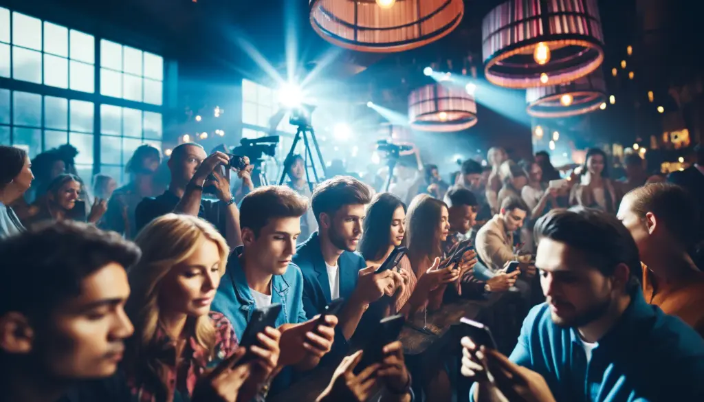 group of social media influencers at a vibrant event, engaging with their audiences using smartphones and cameras. The setting is modern and high-energy, with stylish decor and a bustling background.